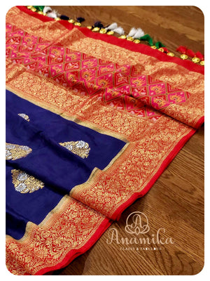 Dark blue munga silk saree with patola