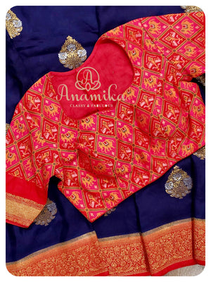 Dark blue munga silk saree with patola
