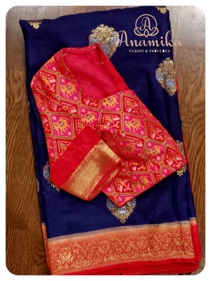 Dark blue munga silk saree with patola