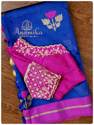 Blue Chanderi silk saree with hot pink pearl work blouse