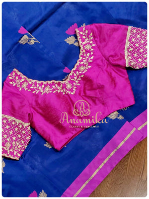 Blue Chanderi silk saree with hot pink pearl work blouse