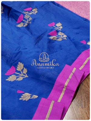 Blue Chanderi silk saree with hot pink pearl work blouse