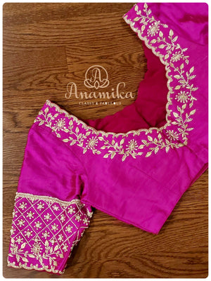 Blue Chanderi silk saree with hot pink pearl work blouse