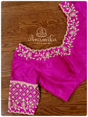 Blue Chanderi silk saree with hot pink pearl work blouse