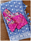 Blue Jamdaani saree with pink ikkat work blouse