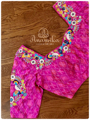 Blue Jamdaani saree with pink ikkat work blouse