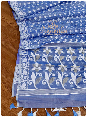 Blue Jamdaani saree with pink ikkat work blouse