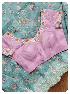 Blue Organza Chikankari with Scallop Border