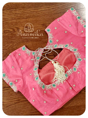 Pastel Blue Organza saree with pink handworked blouse