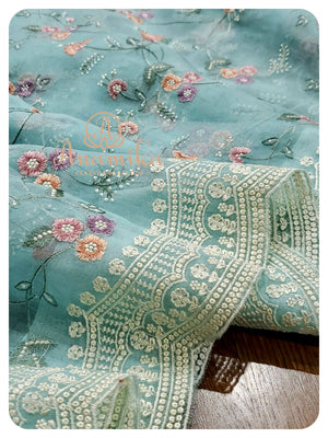 Blue Organza Chikankari with Scallop Border