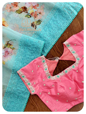 Pastel Blue Organza saree with pink handworked blouse