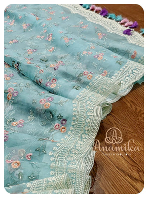 Blue Organza Chikankari with Scallop Border