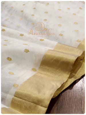 Cream Chanderi Pattu saree with brown bandini blouse