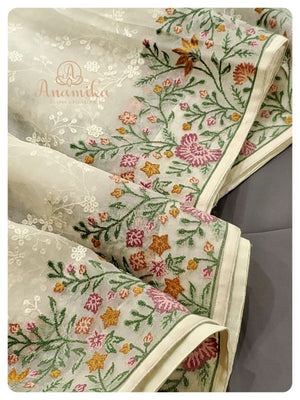 Off white Organza saree with a blue designer work blouse