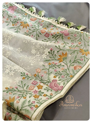 Off white Organza saree with a blue designer work blouse