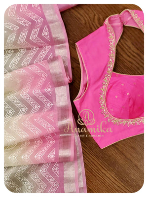 Cream & Pink shaded organza chikankari