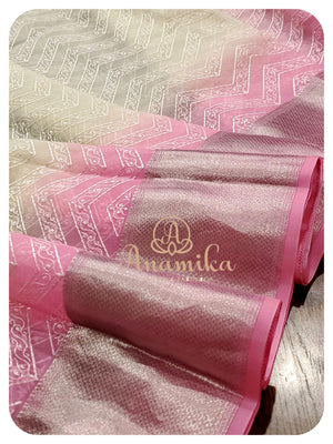 Cream & Pink shaded organza chikankari
