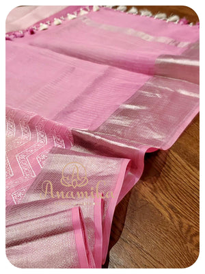 Cream & Pink shaded organza chikankari