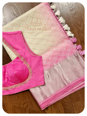 Cream & Pink shaded organza chikankari