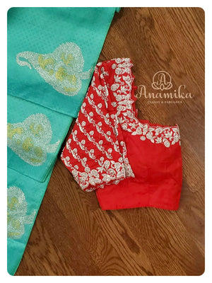 Cyan Kanchi soft silk saree with contrast red blouse