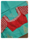 Cyan Kanchi soft silk saree with contrast red blouse