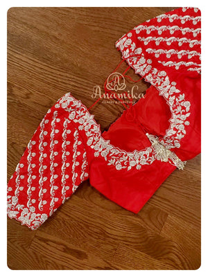 Red Elbow sleeves blouse with silver work