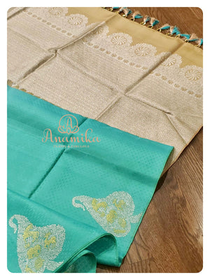Cyan Kanchi soft silk saree with contrast red blouse