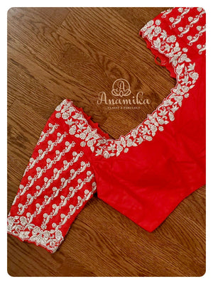 Red Elbow sleeves blouse with silver work