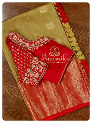 Olive Green with red - Gadwal Silk Saree with red blouse