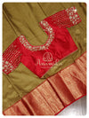 Olive Green with red - Gadwal Silk Saree with red blouse
