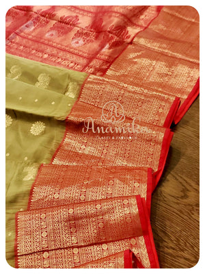 Olive Green with red - Gadwal Silk Saree with red blouse