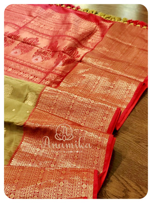 Olive Green with red - Gadwal Silk Saree with red blouse