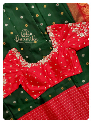 Dark green Gadwal silk saree with red handwork blouse