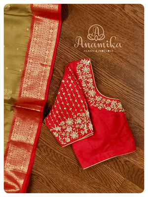 Olive Green with red - Gadwal Silk Saree with red blouse