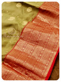 Olive Green with red - Gadwal Silk Saree with red blouse
