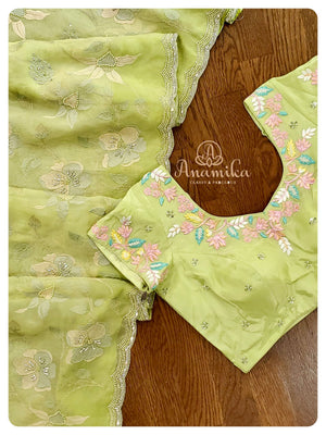 Pastel Green Organza Saree with Threadwork blouse