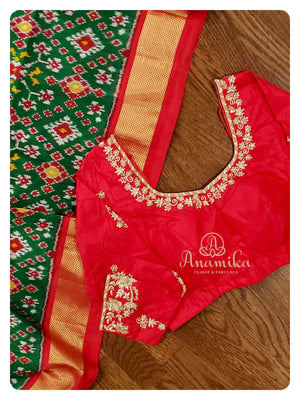 Green Patola Ikkat Saree with Red Blouse