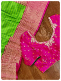Shaded Green Banarasi Silk saree with Pink Bandini Blouse