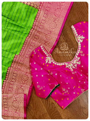 Shaded Green Banarasi Silk saree with Pink Bandini Blouse