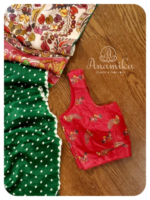 Green Bandini saree with kalamkari pallu