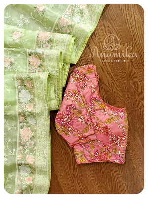 Green Kota Chikankari with Floral Work blouse