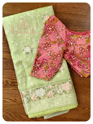 Green Kota Chikankari with Floral Work blouse