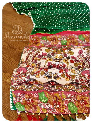 Green Bandini saree with kalamkari pallu