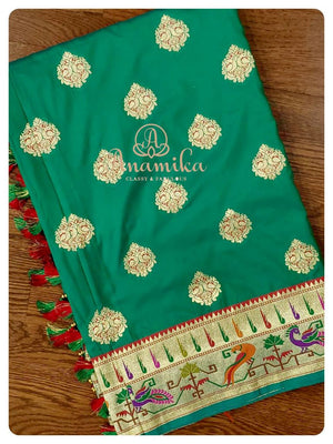 Green Pure Banarasi Silk saree with red handwork blouse