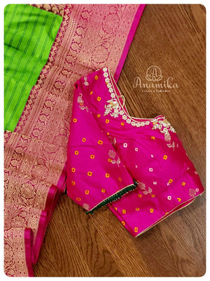 Shaded Green Banarasi Silk saree with Pink Bandini Blouse