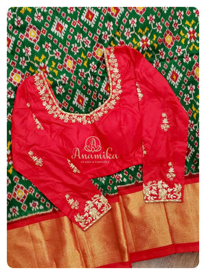 Green Patola Ikkat Saree with Red Blouse