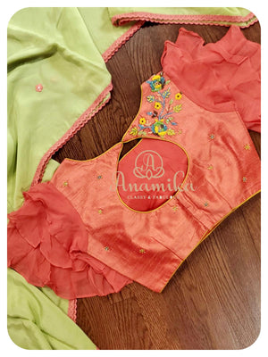 Lime Green crepe saree with peach ruffle blouse