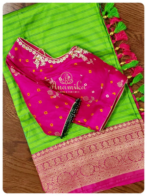 Shaded Green Banarasi Silk saree with Pink Bandini Blouse