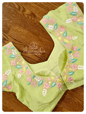 Pastel Green Organza Saree with Threadwork blouse