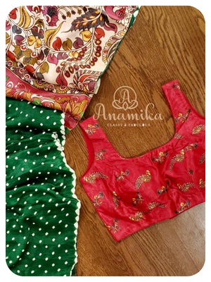 Green Bandini saree with kalamkari pallu